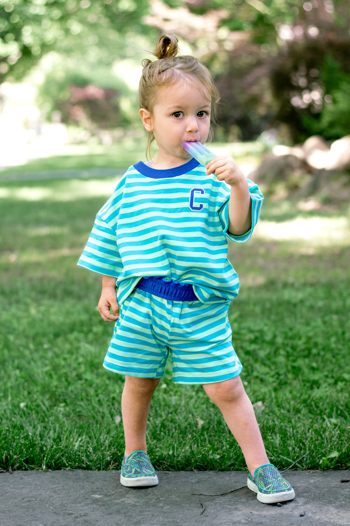 Blue Striped Organic Cotton Shorts Set - Optional Custom Embroidery