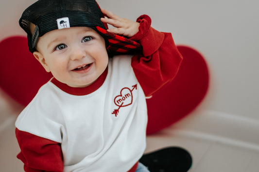 Custom Embroidered Valentine's Day Colorblock Sweatshirt or Romper - Mom Tattoo Heart