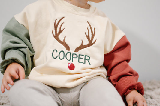 Custom Embroidered Christmas Colorblock Sweatshirt - Reindeer Antlers