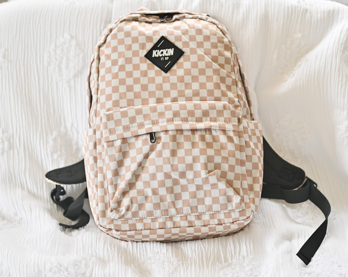 Full Size Tan Checkered Backpack