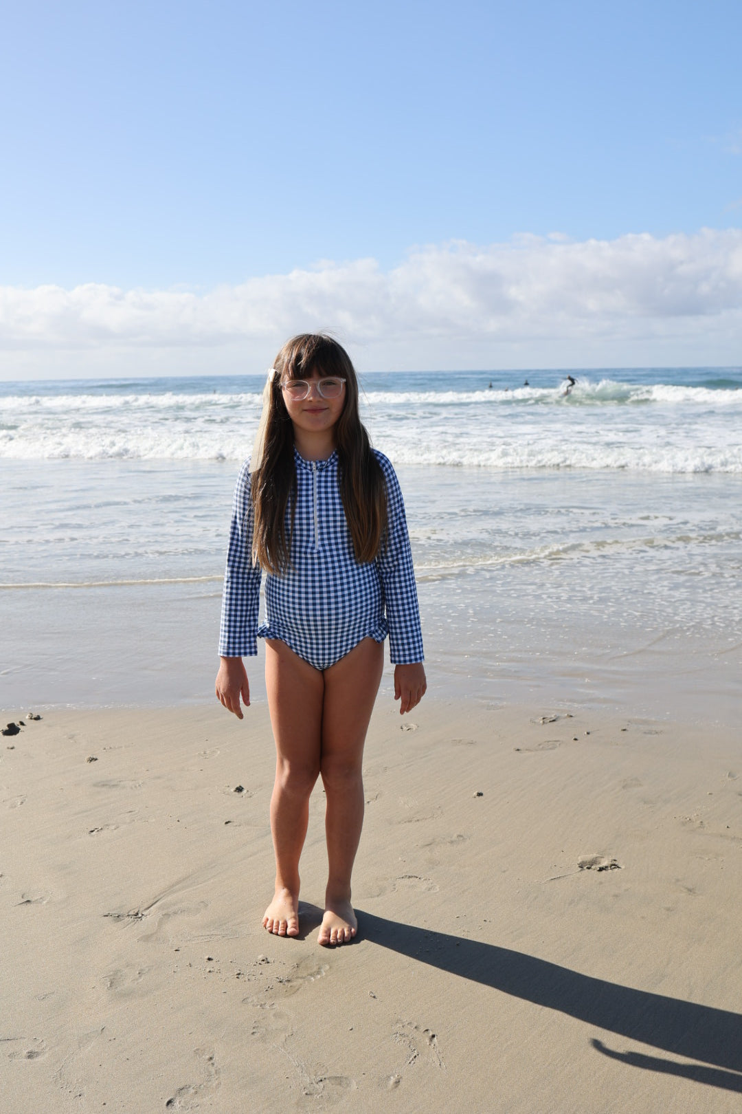 Girls Long Sleeve Swimsuit | Blue Gingham