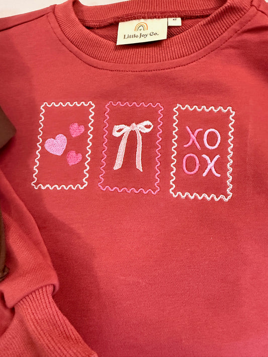 Custom Embroidered Valentine's Stamps Scalloped Set - Red, Cream, or Brown