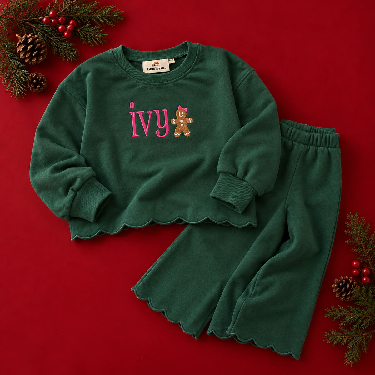 Custom Embroidered Christmas Scalloped Set - Gingerbread Girl