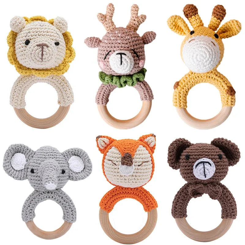 Handmade Smooth Beech Wood Animal Knit Teething Toy