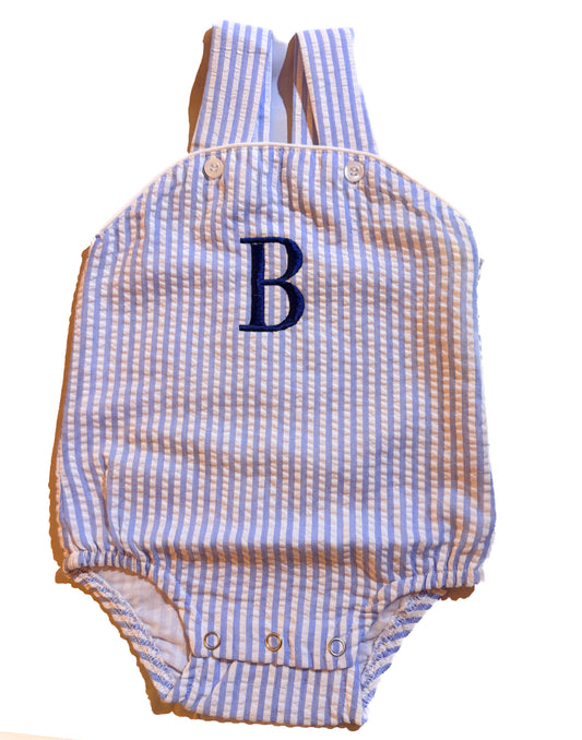 Custom Embroidered Blue Seersucker Sunsuit