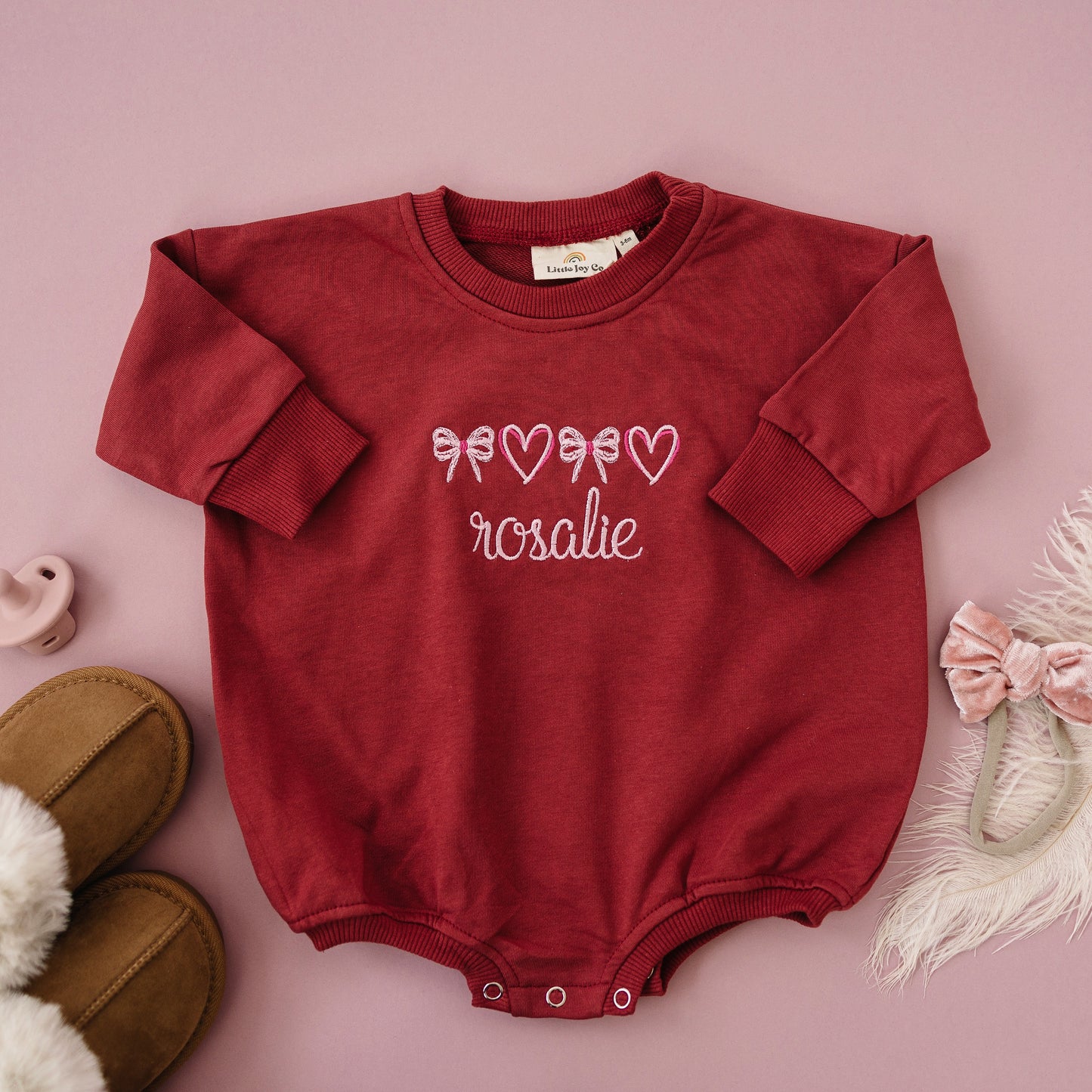 Custom Embroidered Valentine's Sweatshirt or Romper - Dark Red