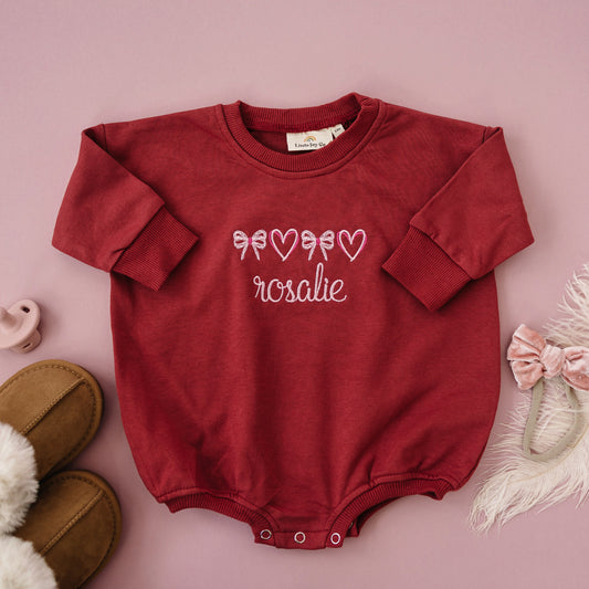 Custom Embroidered Valentine's Sweatshirt Romper - Dark Red