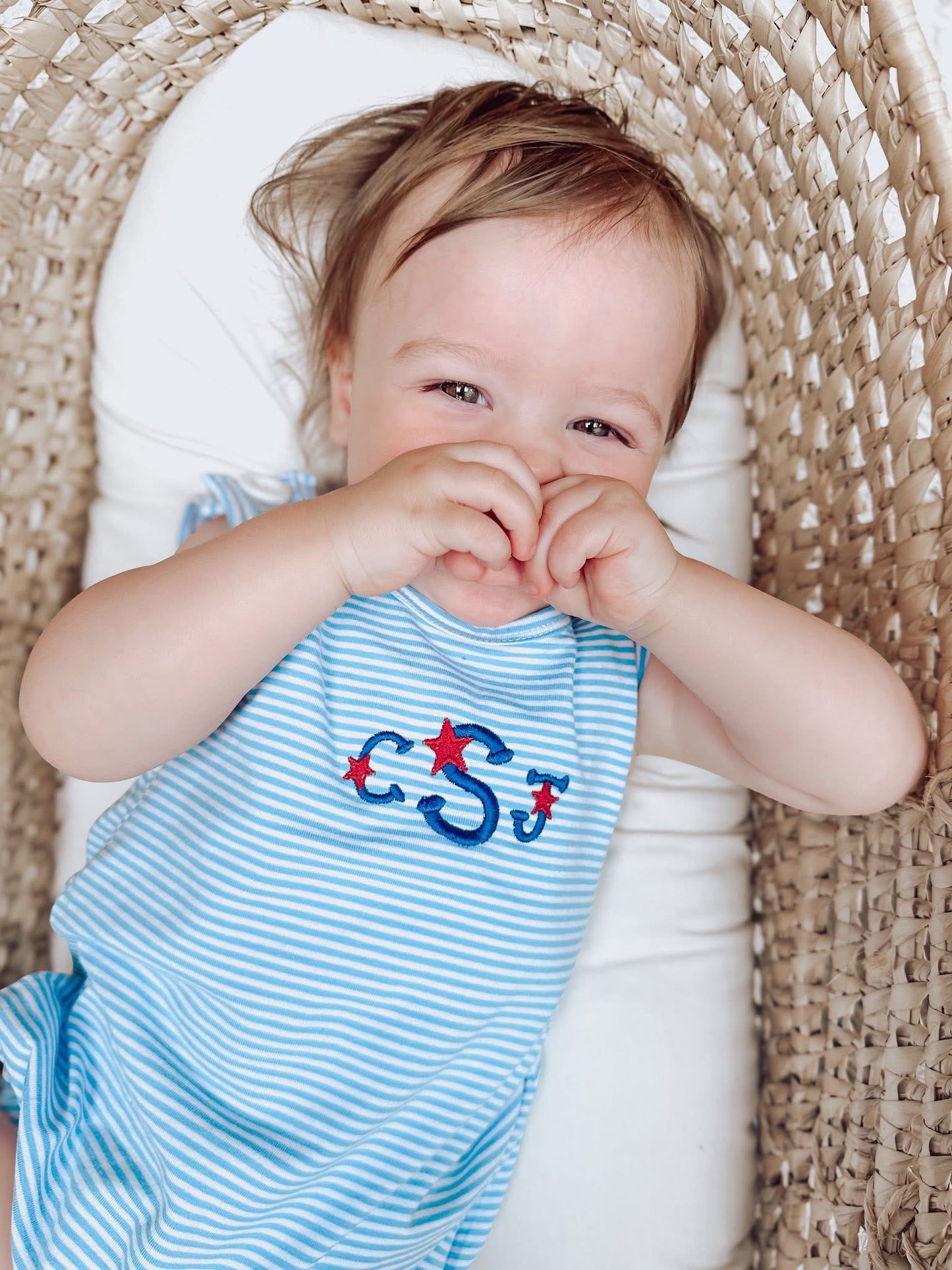 Custom Embroidered Blue Striped Bubble Romper - Summer or 4th of July