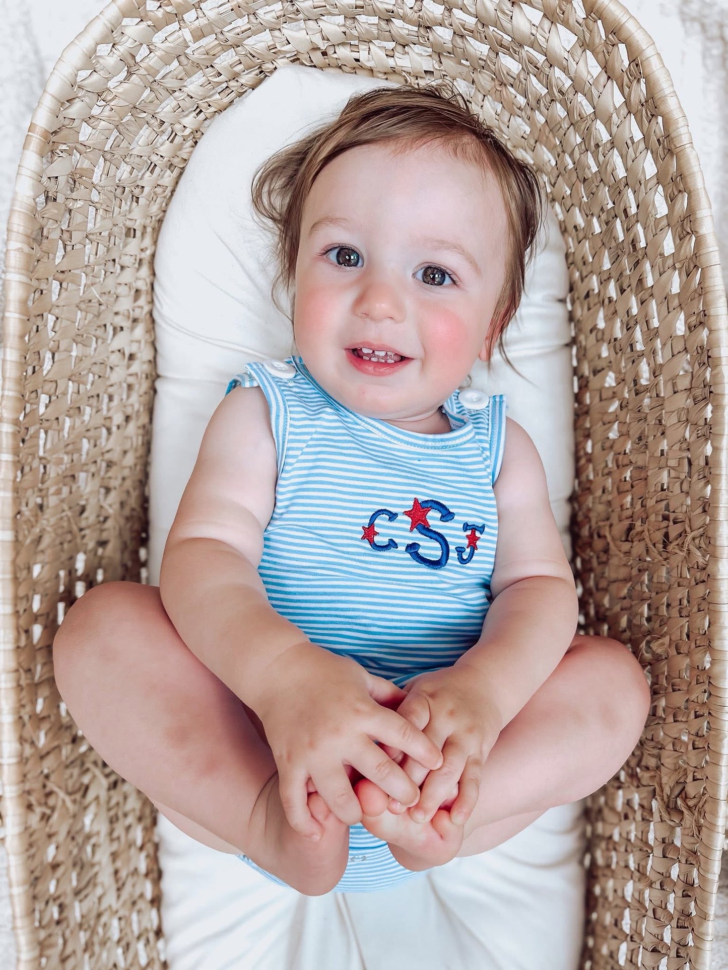 Custom Embroidered Blue Striped Bubble Romper - Summer or 4th of July