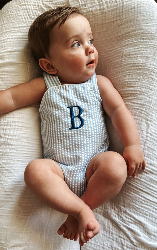 Custom Embroidered Blue Seersucker Sunsuit