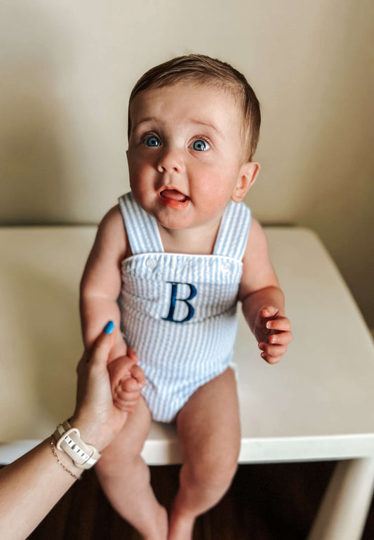 Custom Embroidered Blue Seersucker Sunsuit