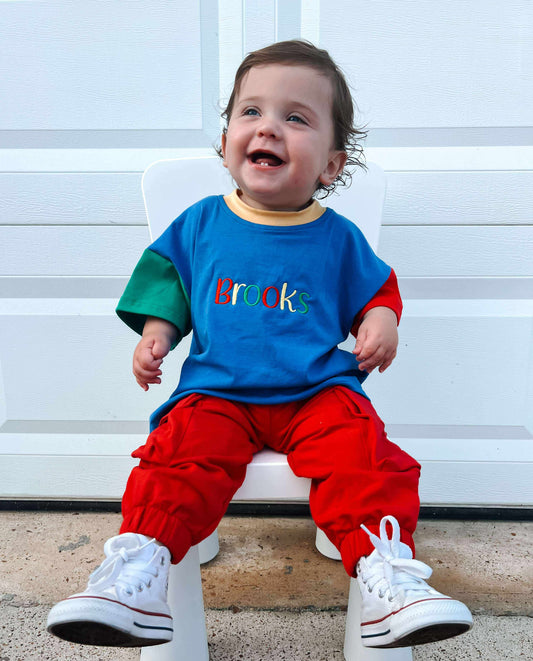 Custom Embroidered 90s Colorblock T-Shirt Romper or Oversized Tee & Biker Set - Back to School Crayon Font