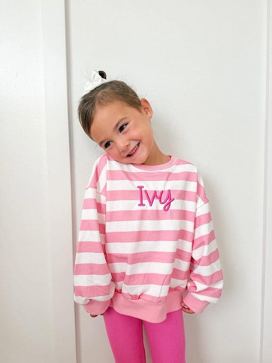 Pink Striped Crewneck Sweatshirt - Optional Custom Embroidery