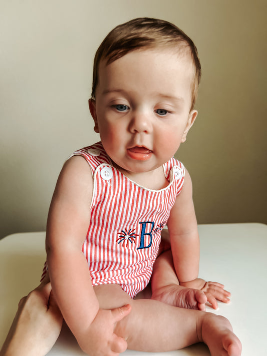 Custom Embroidered Red Striped 4th of July Sunsuit