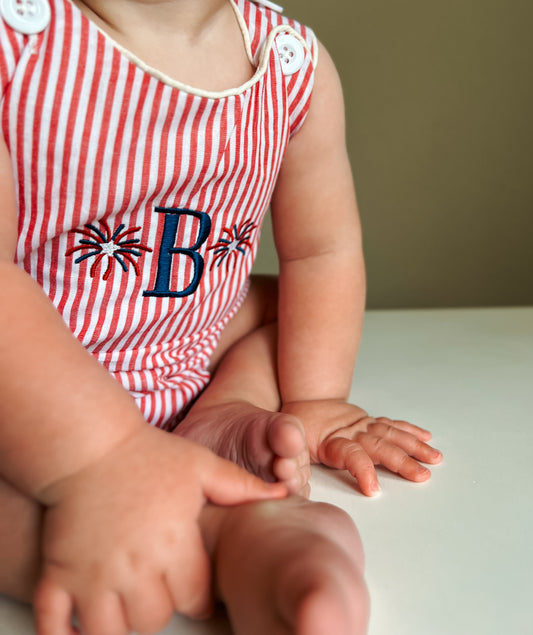 Custom Embroidered Red Striped 4th of July Sunsuit