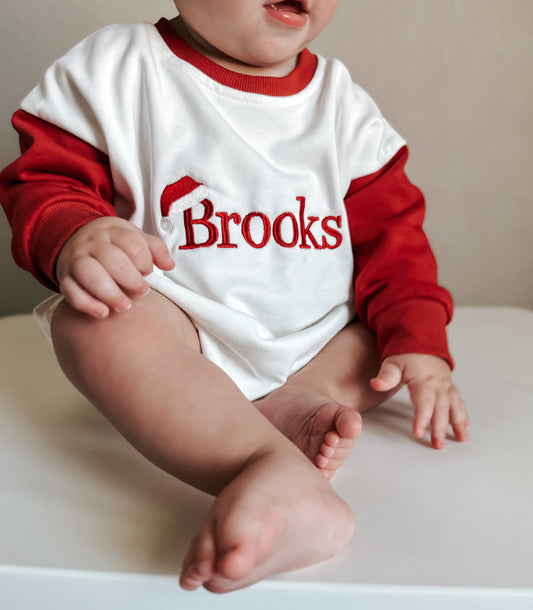 Custom Embroidered Christmas Colorblock Sweatshirt or Romper - Santa Hat