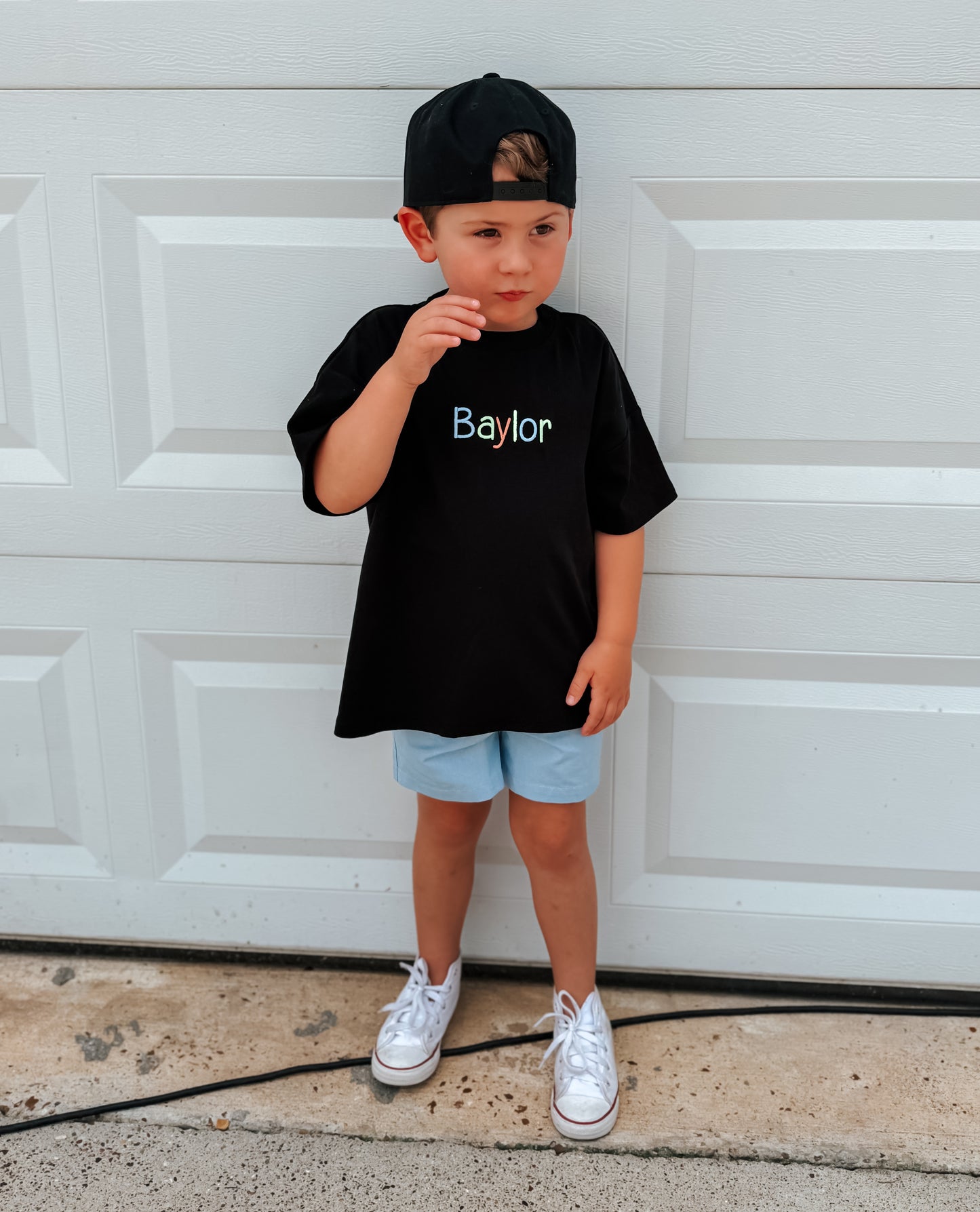 Custom Embroidered Black Oversized Tee or T-Shirt Romper - Neon Lettering