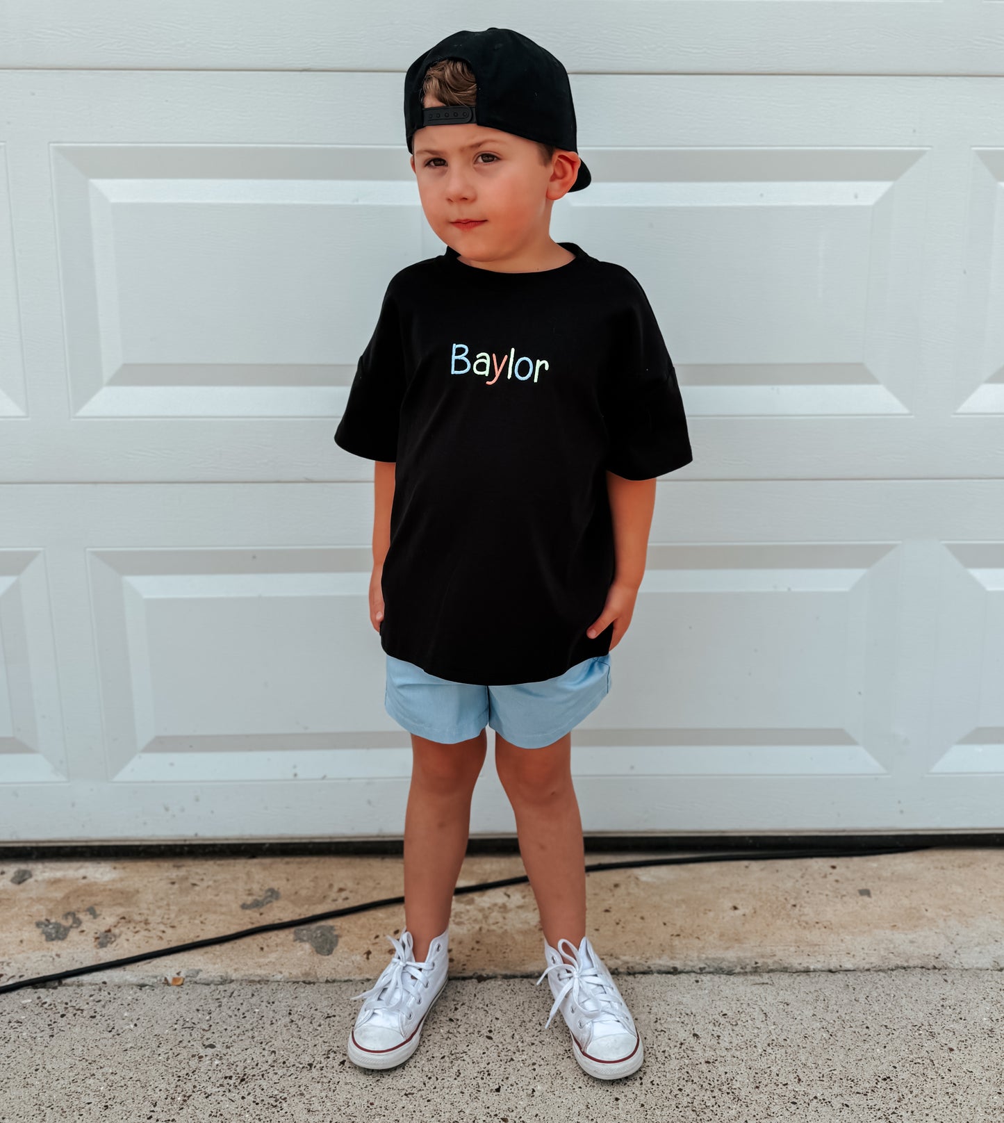 Custom Embroidered Black Oversized Tee or T-Shirt Romper - Neon Lettering