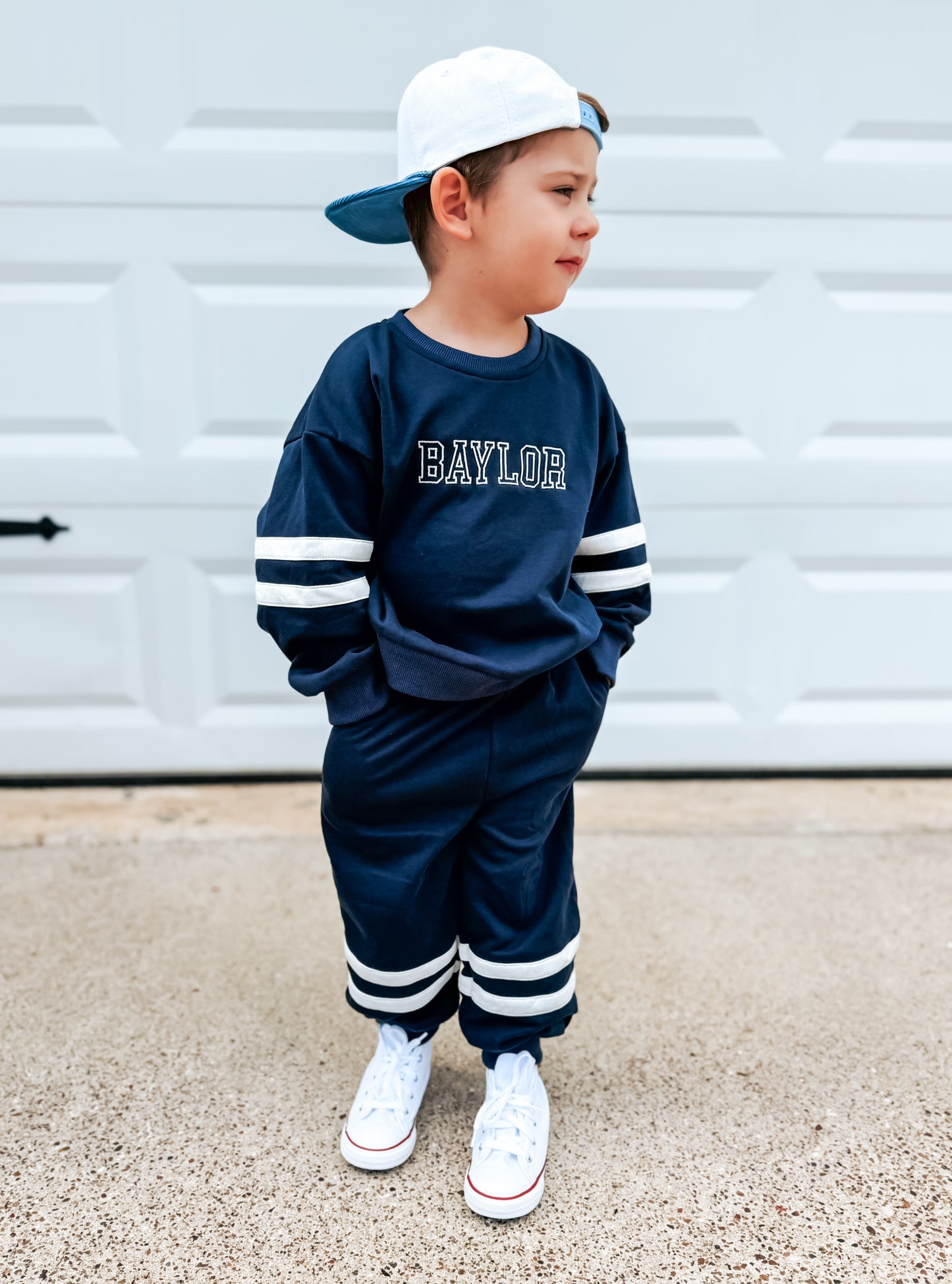 Custom Embroidered Varsity Striped Jogger Set - Navy