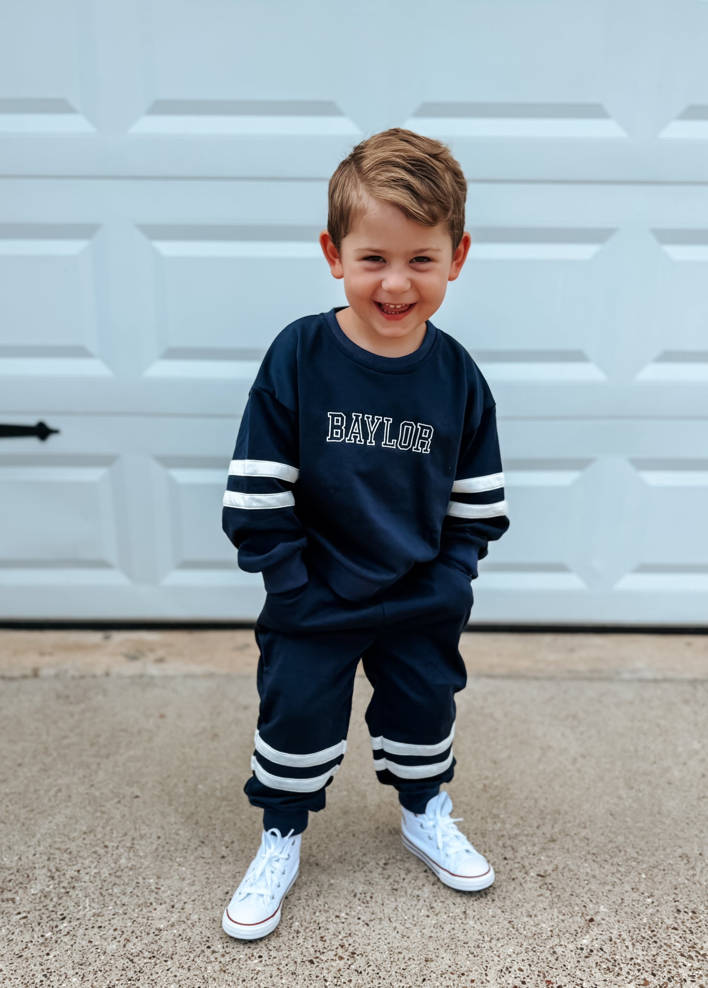 Custom Embroidered Varsity Striped Jogger Set - Navy