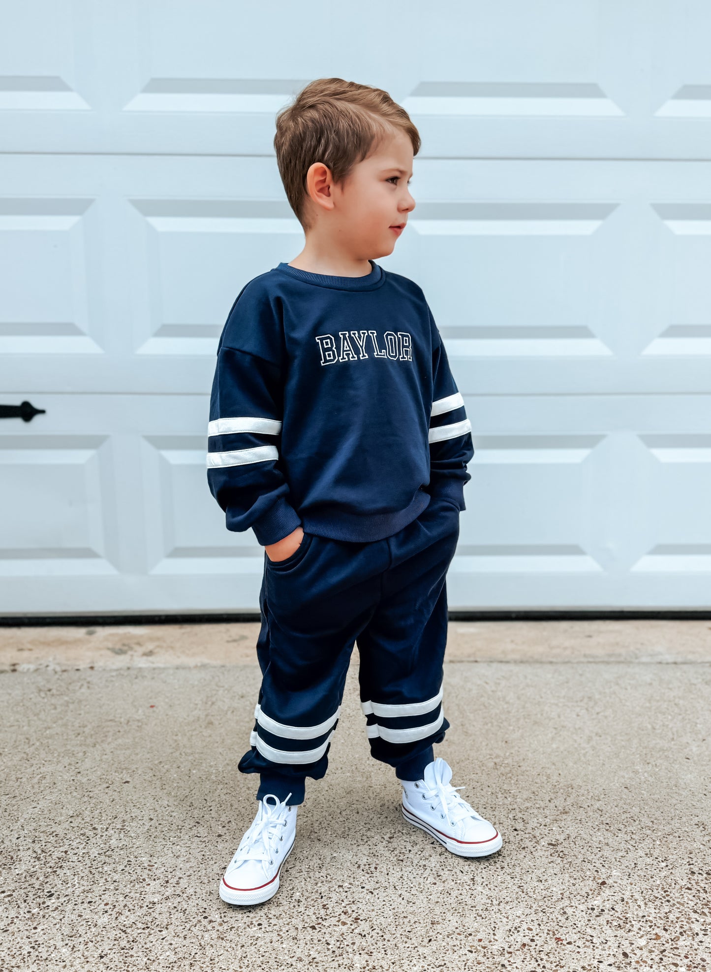 Custom Embroidered Varsity Striped Jogger Set - Navy