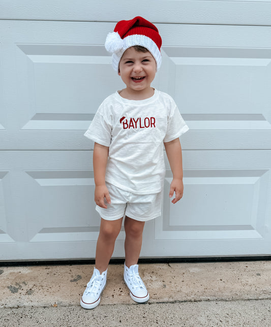 Custom Embroidered Christmas Organic Cotton Shorts Set - Santa Hat