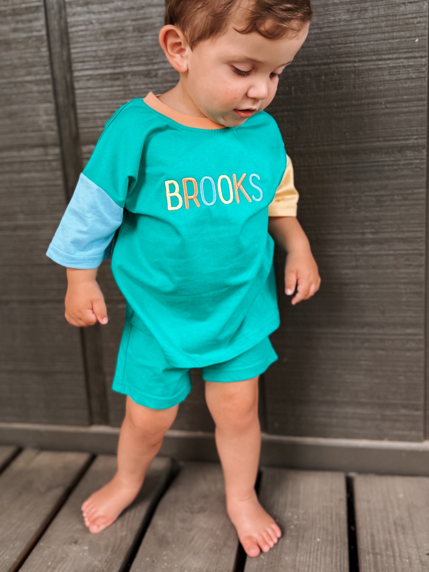 Custom Embroidered Colorblock Organic Cotton Tee & Shorts Set - Green