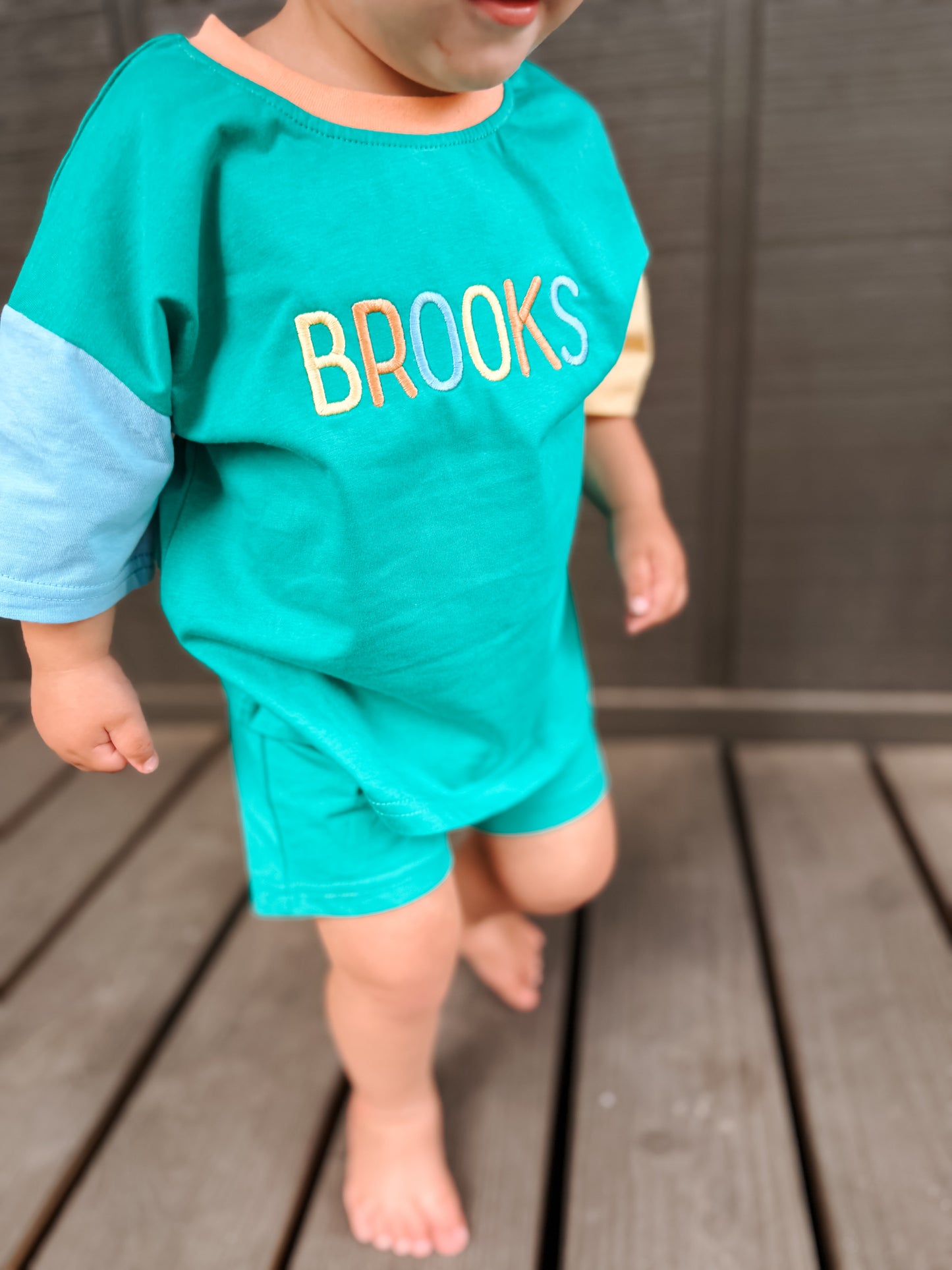 Custom Embroidered Colorblock Organic Cotton Tee & Shorts Set - Green