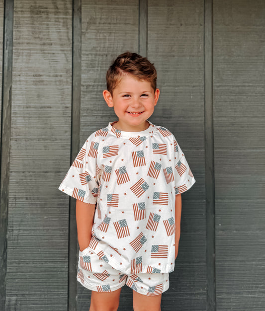 4th of July Flag Print Shorts Set - optional custom embroidery
