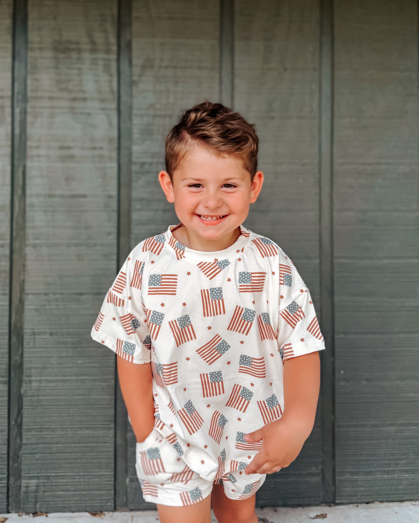 4th of July Flag Print Shorts Set - optional custom embroidery