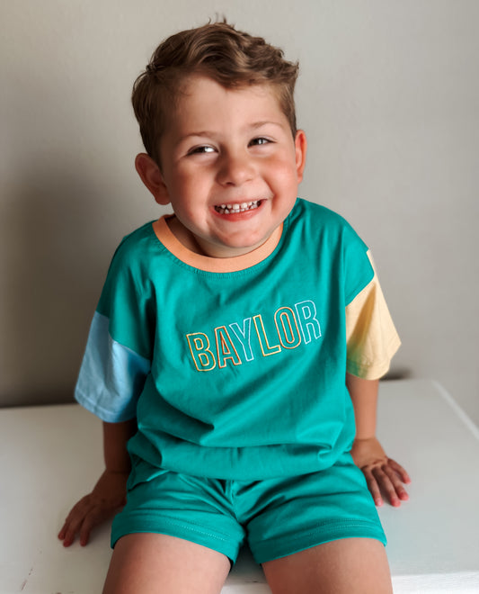 Custom Embroidered Colorblock Organic Cotton Tee & Shorts Set - Green