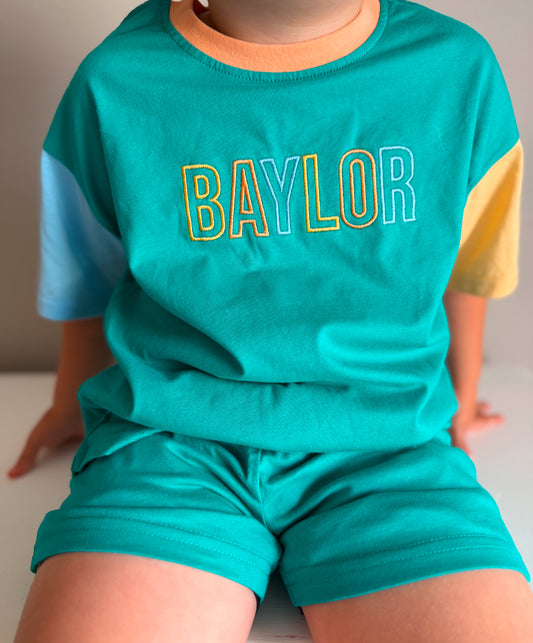 Custom Embroidered Colorblock Organic Cotton Tee & Shorts Set - Green