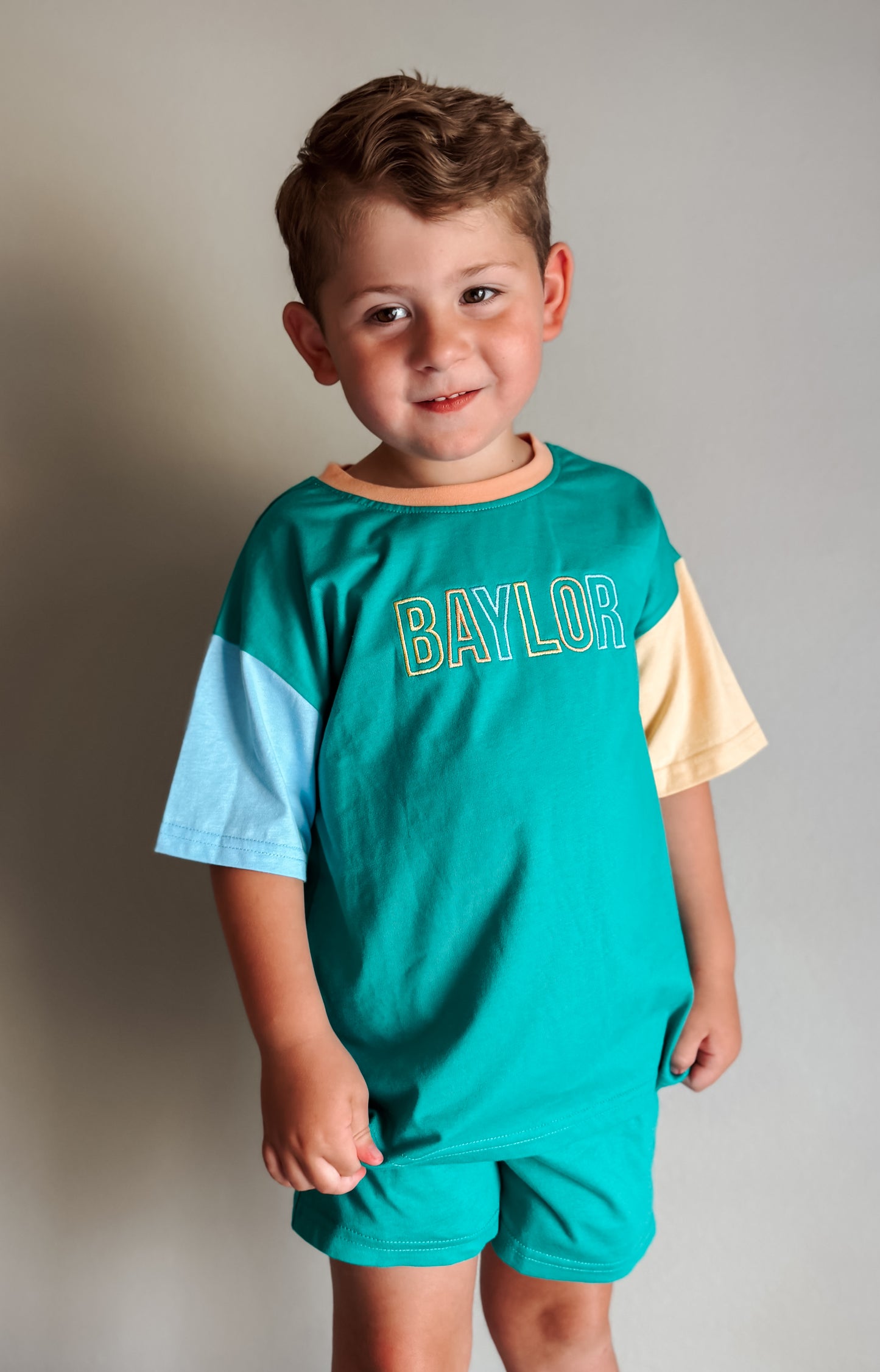 Custom Embroidered Colorblock Organic Cotton Tee & Shorts Set - Green