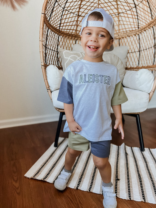 Custom Embroidered Organic Cotton Colorblock Oversized Tee and Shorts Set