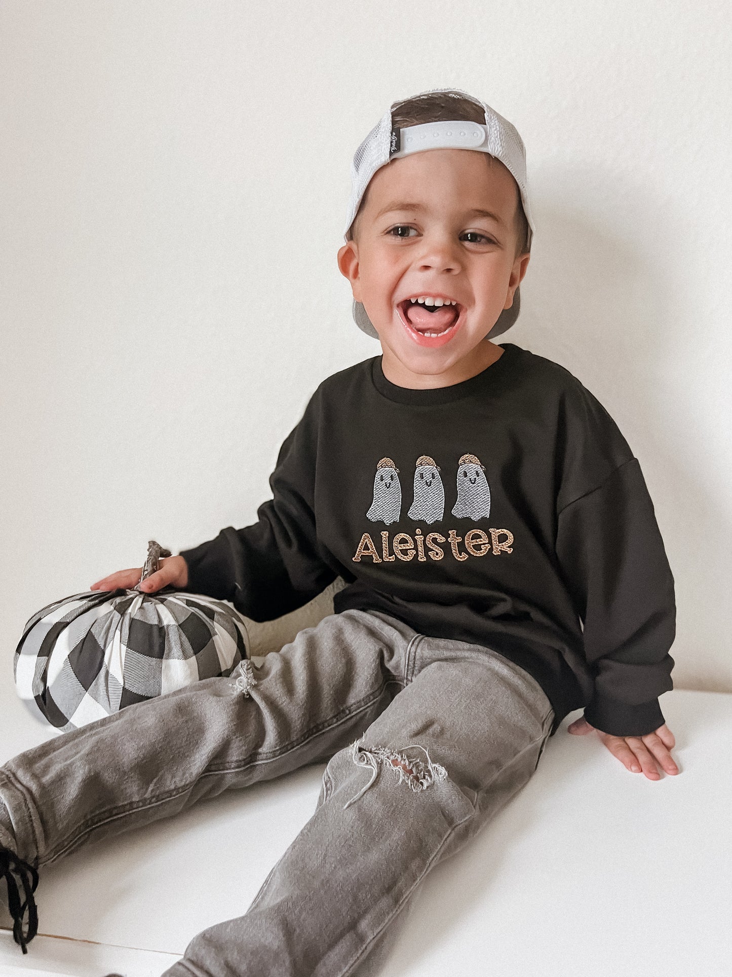 Custom Embroidered Black Halloween Sweatshirt, Tee or Bubble Romper - Ghosts