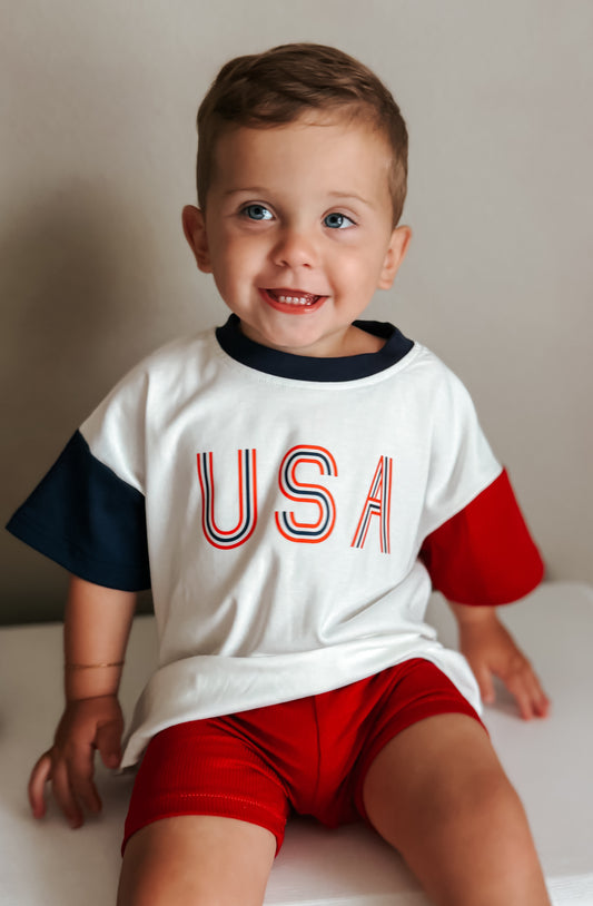 Retro USA Colorblock Oversized Tee or Bubble Romper