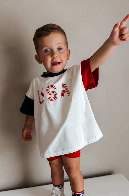 Retro USA Colorblock Oversized Tee or Bubble Romper