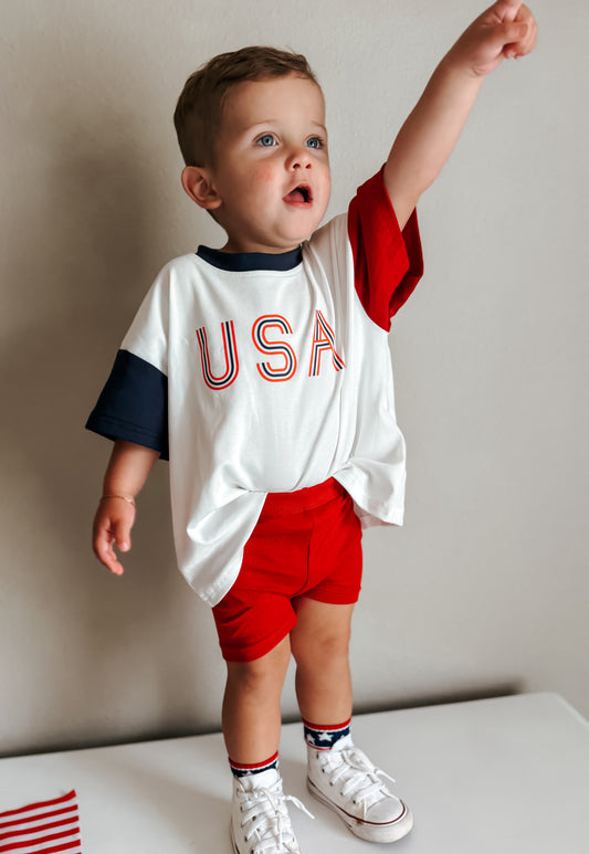 Retro USA Colorblock Oversized Tee or Bubble Romper