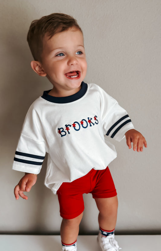 Custom Embroidered 4th of July Oversized Tee - Varsity Stripe