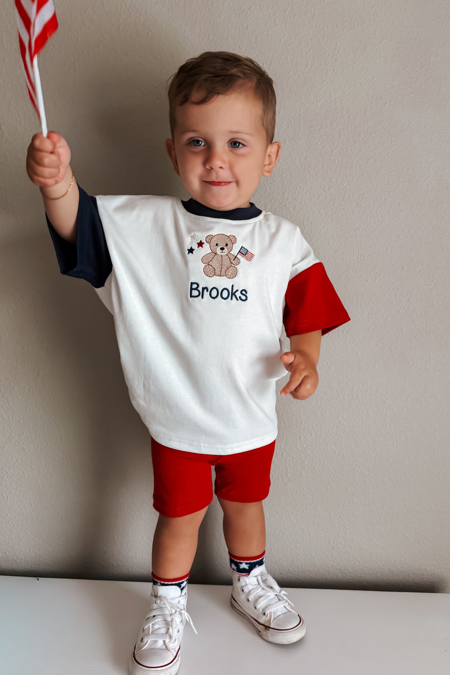 Custom Embroidered 4th of July Colorblock T-Shirt Romper or Oversized Tee - Teddy Bear