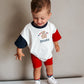 Custom Embroidered 4th of July Colorblock T-Shirt Romper or Oversized Tee - Teddy Bear