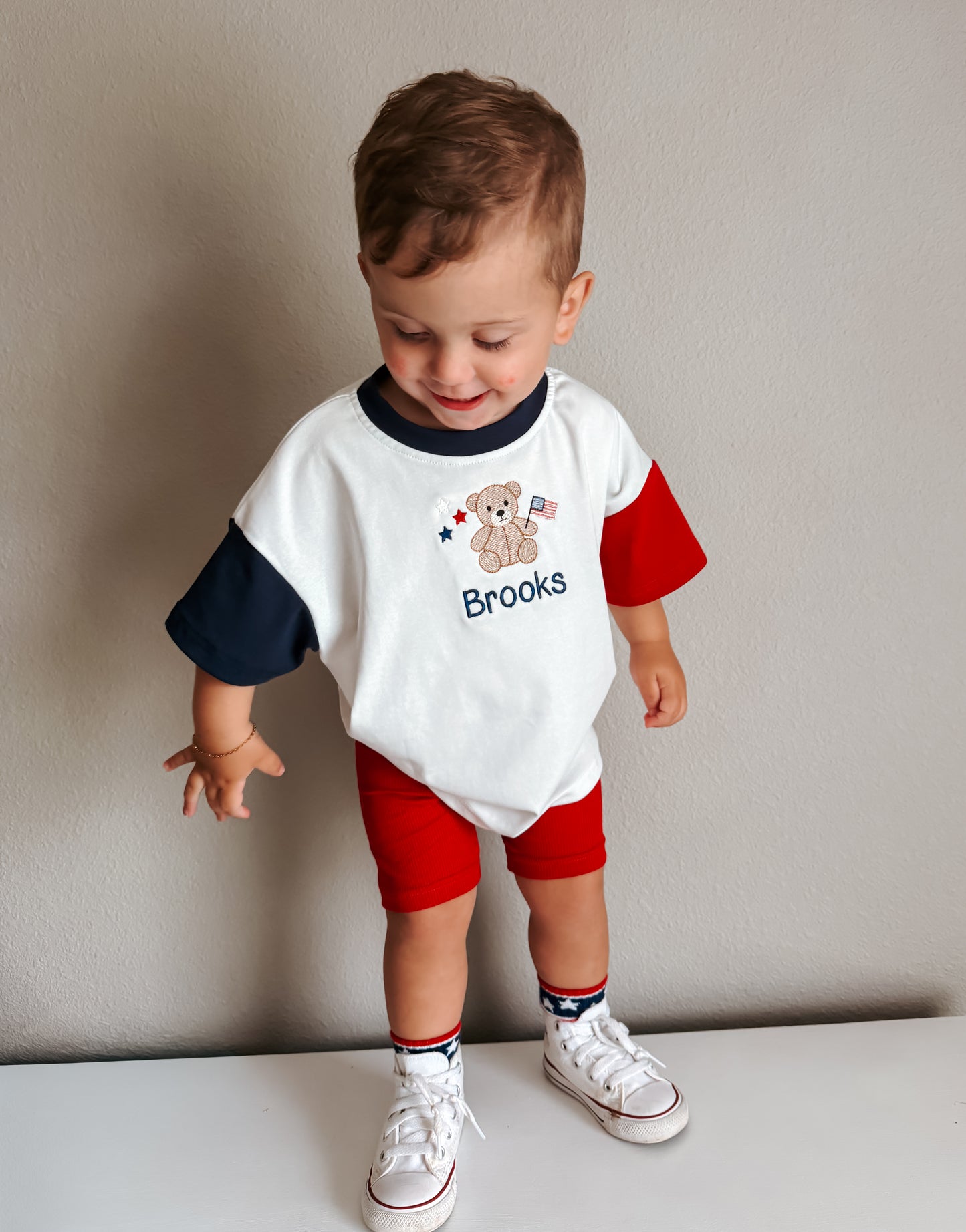 Custom Embroidered 4th of July Colorblock T-Shirt Romper or Oversized Tee - Teddy Bear