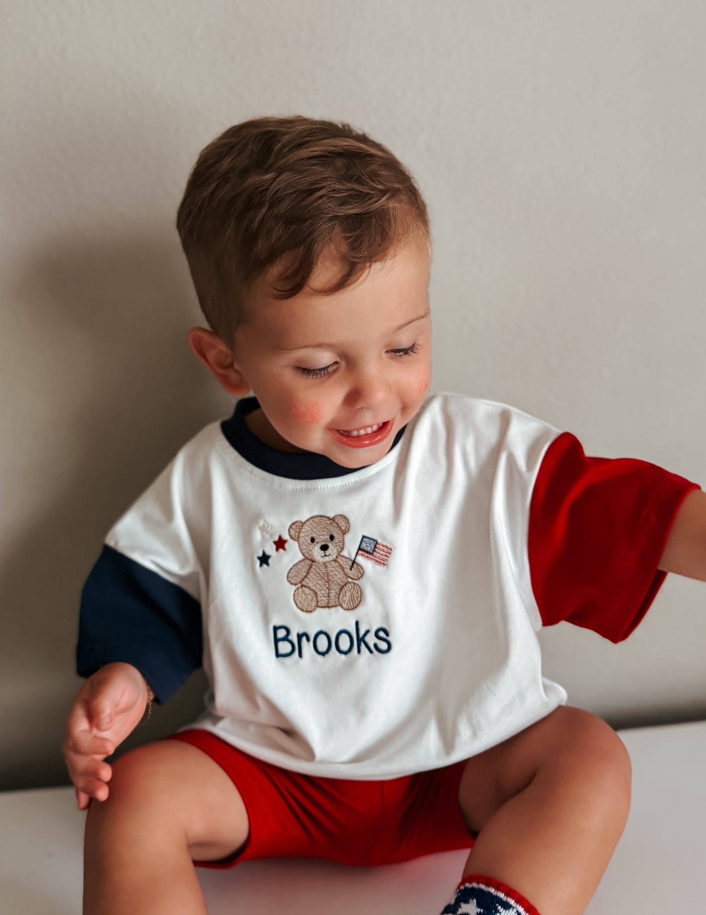Custom Embroidered 4th of July Colorblock T-Shirt Romper or Oversized Tee - Teddy Bear