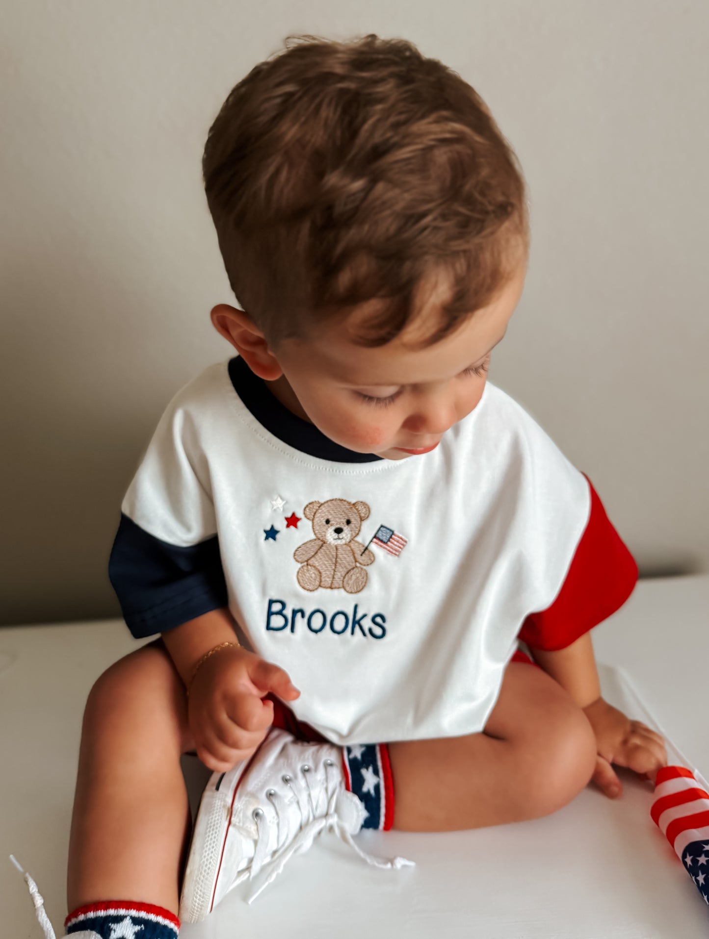 Custom Embroidered 4th of July Colorblock T-Shirt Romper or Oversized Tee - Teddy Bear