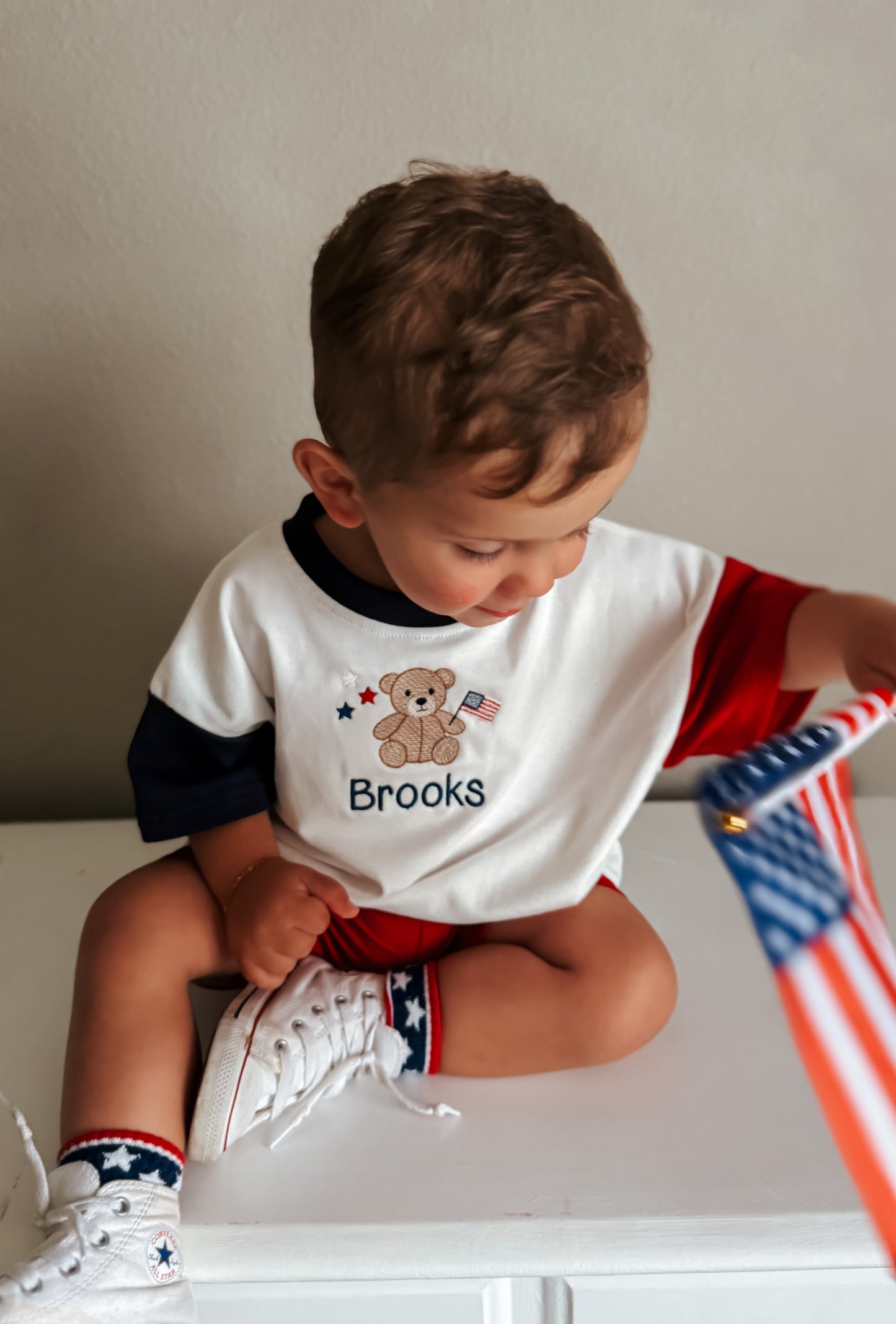 Custom Embroidered 4th of July Colorblock T-Shirt Romper or Oversized Tee - Teddy Bear