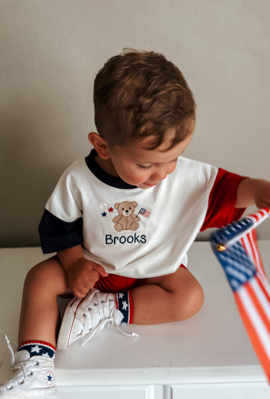 Custom Embroidered 4th of July Colorblock T-Shirt Romper or Oversized Tee - Teddy Bear