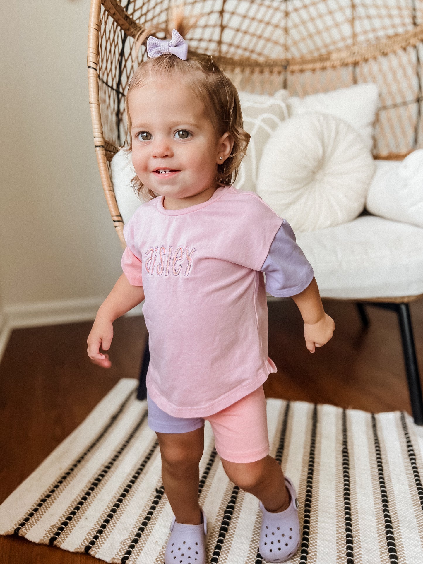 Custom Embroidered Colorblock Tee and Biker Shorts Set - Pink & Purple Set