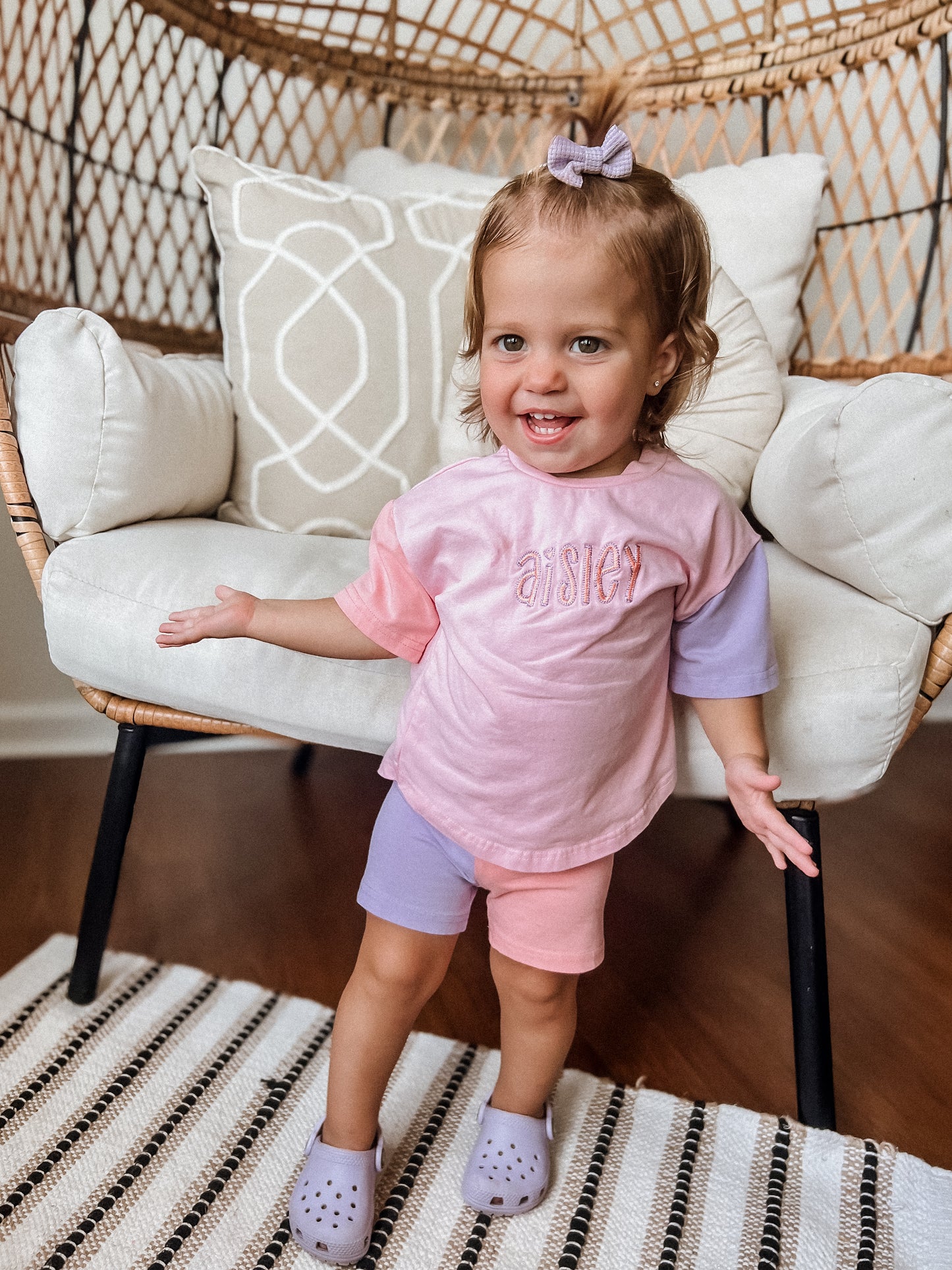 Custom Embroidered Colorblock Tee and Biker Shorts Set - Pink & Purple Set