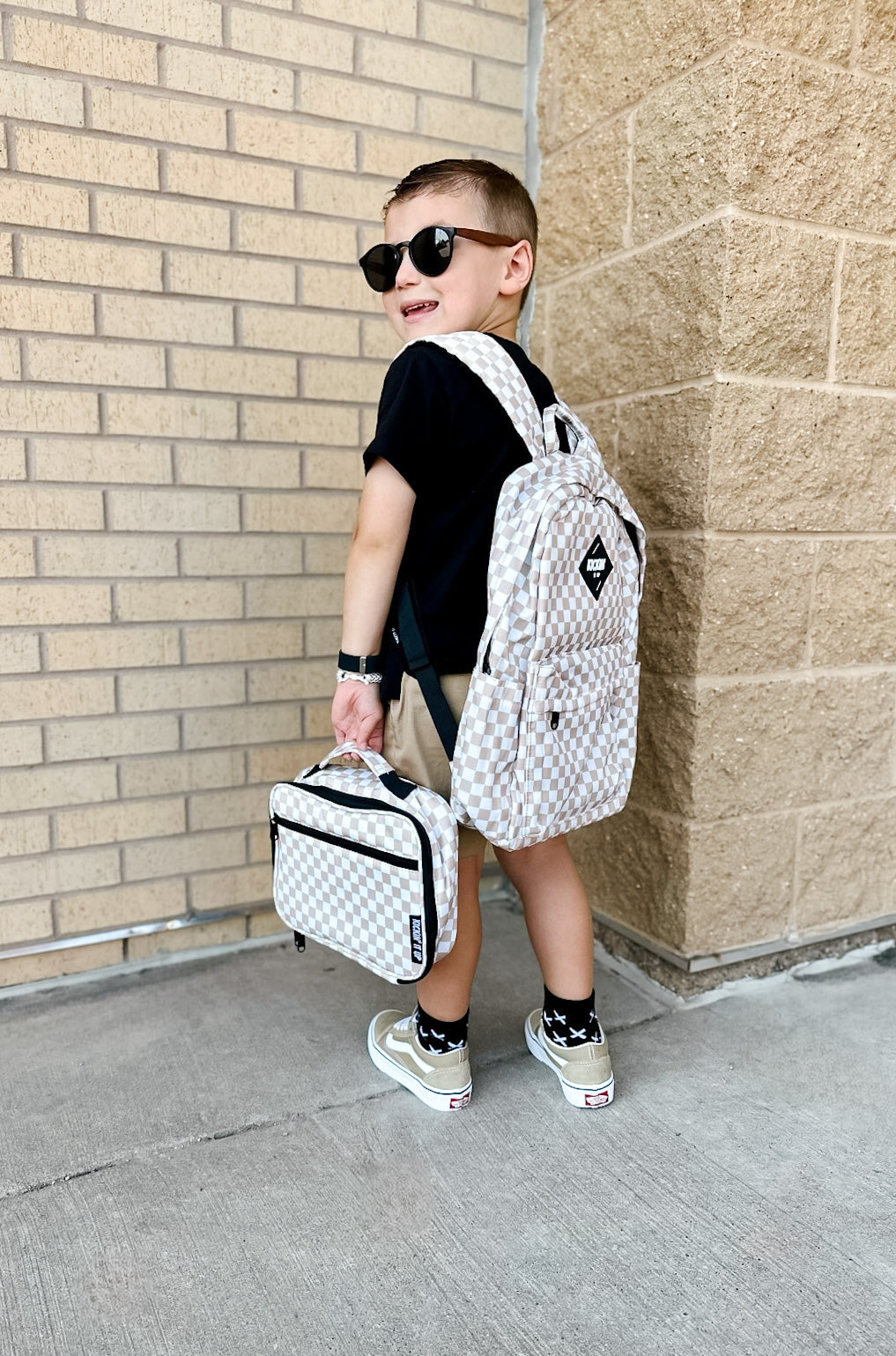 Full Size Tan Checkered Backpack