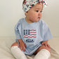Custom Embroidered Light Blue 4th of July Oversized Tee or T-Shirt Romper - Bow Flag